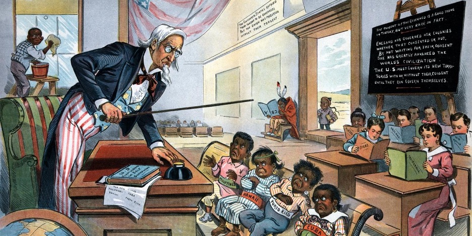 Uncle Sam teaching "unruly" children symbolizing Cuban, Puerto Rico, the Philippines and Hawaii 